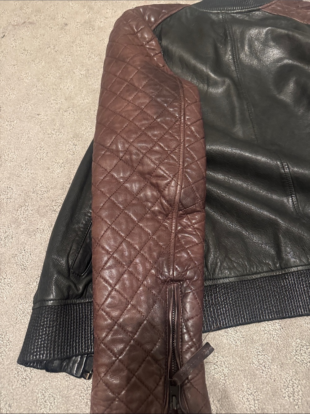 All Saints Two-Tone Quilted Sleeve Leather Bomber Jacket - Black & Brown - Picture 6 of 7